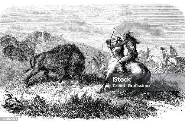 Engraving Of Native American Hunting Buffalo 1868 Stock Illustration - Download Image Now - 1850-1859, 18th Century, 18th Century Style