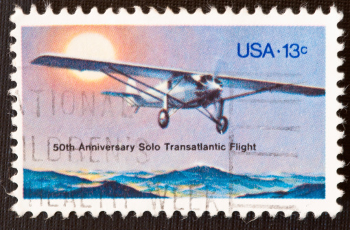 1977 issue stamp commemorating Charles Lindbergh's 1927 solo transatlantic flight.