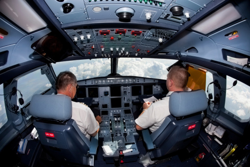 cockpit view of a commercial jet airliner