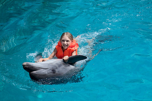 Cтоковое ф�ото Счастливая маленькая девочка, освобождая Dolphin in Swimming Pool.