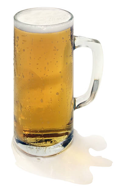 Male hand hold a fresh beer glass jar on white background.