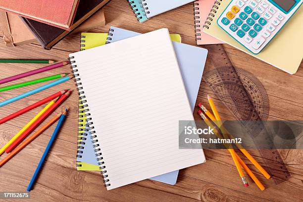 Students Desk With Blank Books Stock Photo - Download Image Now - School Building, Note Pad, Education
