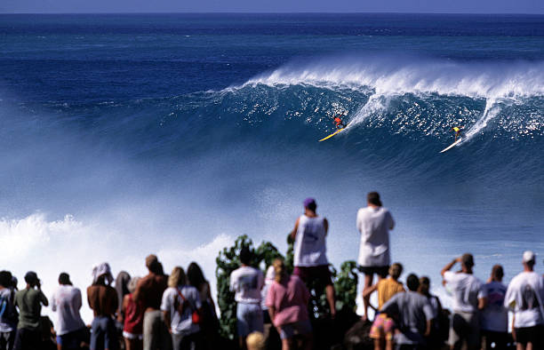 usa hawaii oahu, north shore, waimea bay, surfisti. - north shore hawaii islands oahu island foto e immagini stock