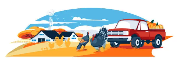 Vector illustration of Autumn landscape of a farm with a red truck. Agriculture, farming and harvesting. Pets. Domestic birds. Turkeys and chickens. Vector flat illustration