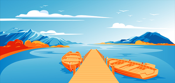 pier with boats autumn landscape. Calm water in the lagoon. Horizon. Advertising of tourism, travel, adventure and recreation. Vector illustration