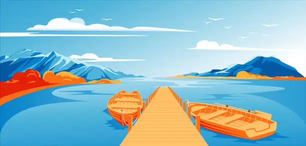 Vector illustration of pier with boats autumn landscape. Calm water in the lagoon. Horizon. Advertising of tourism, travel, adventure and recreation. Vector illustration