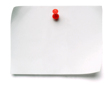 Note paper with red pin, isolated on white