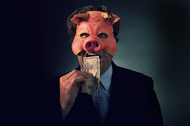 Business Man Pig Eating Money a businessman wearing a pig mask eating money. irony stock pictures, royalty-free photos & images