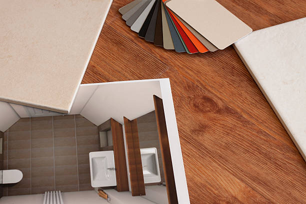 Bathroom Design. Sample flooring,tiles and colour swatches for use in the design of a domestic bathroom.Alternative Images Shown Below - faux wood stock pictures, royalty-free photos & images