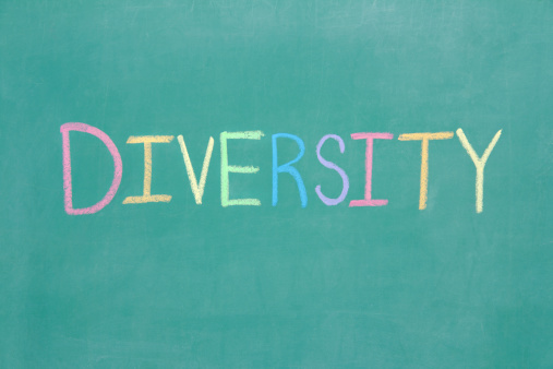 Diversity written on a chalkboard in multiple colors. The colors symbolize diversity and gay pride, similar to the rainbow flag.