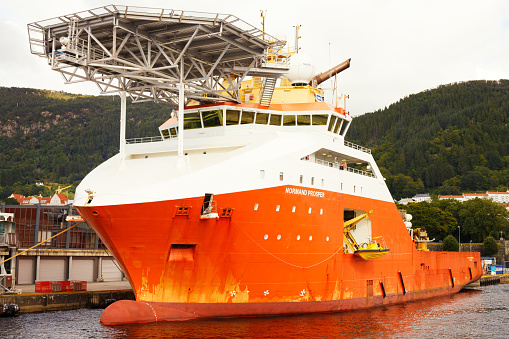 Bergen, Norway - July 27, 2023: Supply vessel Normand Prosper in the Bergen Harbor