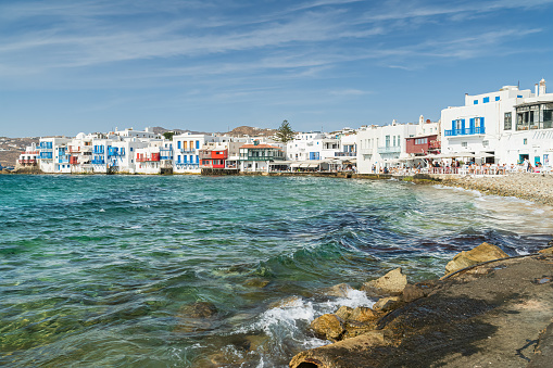 Architecture at Mykonos town (Chora), Mykonos island, Cyclades, Greece at sunset.