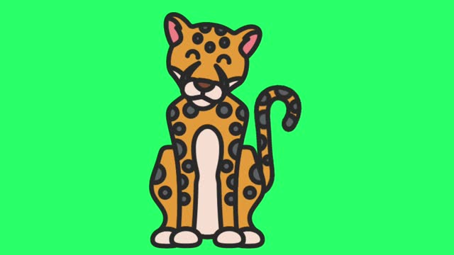 Animated leopard sitting on green background.