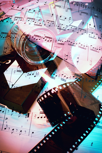Transparent sheet music on 16mm camera and film. Sheet music is by Wolfgang Amadeus Mozart,Sonate for Violin and Piano in G Major - K 379KV 379.