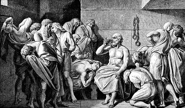 Socrates Drinking The Poison An Engraving From 1882 Showing The Philosopher Socrates Drinking Poison After He Received The Death Penalty For Corrupting The Youth Of Athens. death sentence stock illustrations