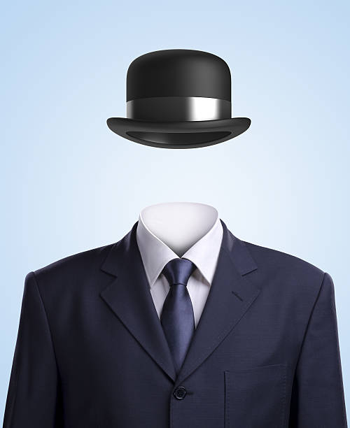 bowler has Empty suit with bowler hat. #d render with photography. bowler hat stock pictures, royalty-free photos & images