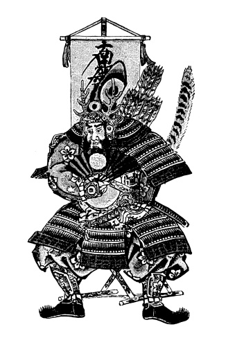 Antique illustration of Japanese samurai in full armour. Original artwork published in the book Young americans in Japan by E. Grey, published in USA by Lee and Shepard in 1881.