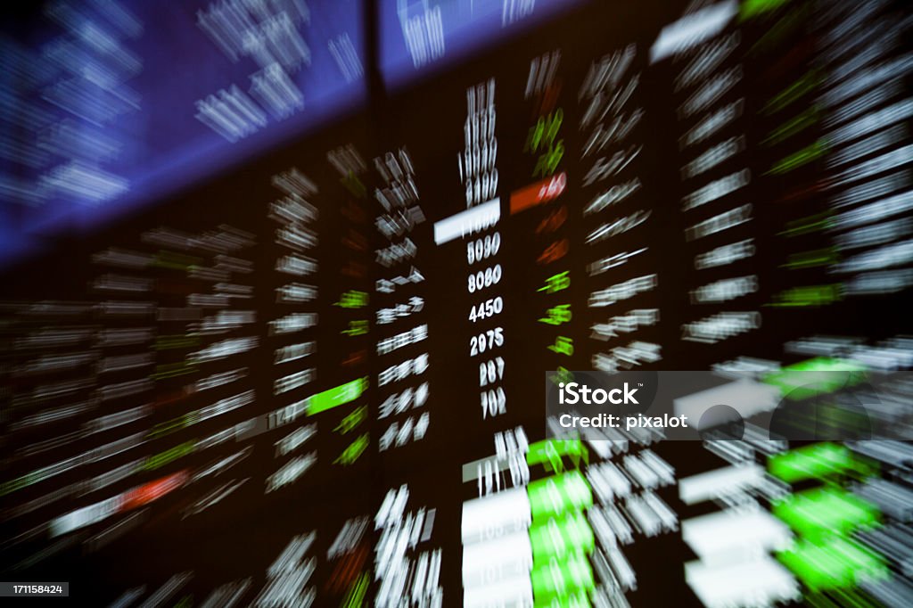 Stock Exchange Charts Chart billboard of a stock exchange in Japanese language. Very shallow depth of field with selective focus on center number. Nikkei Index Stock Photo