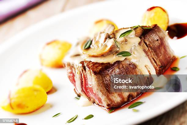 Fillet Of Beef With Mushroom Sauce And Potatoes Stock Photo - Download Image Now - Barbecue - Meal, Beef, Close-up