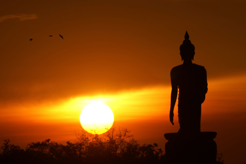 Sunset and Buddha statue at Buddhamonthon, Thailand: More images about Buddha: