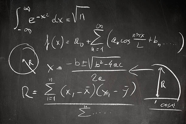 Math formula on blackboard Complicated math formula written on a blackboard with white chalk algebra photos stock illustrations