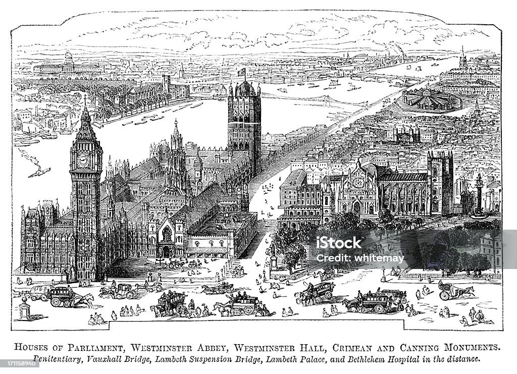 Maisons du Parlement, de l'abbaye de Westminster et Le Millbank Penitentiary (1871 gravé - Illustration de Londres libre de droits