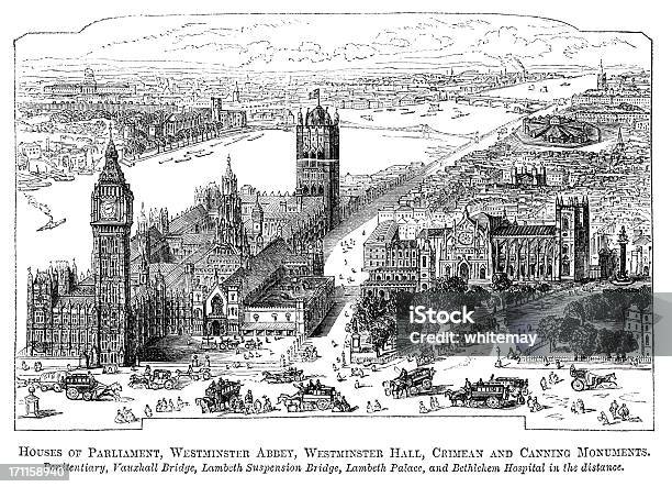 Casas Do Parlamento Abadia De Westminster E Millbank Penitenciário 1871 Gravação - Arte vetorial de stock e mais imagens de Londres - Inglaterra