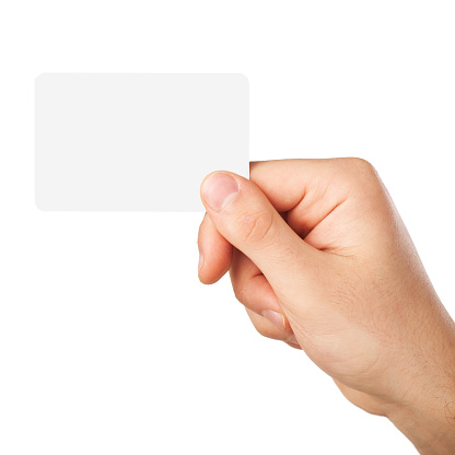 hand holding a black business card in front of white background.Studio shot isolation on white. You can easily add some text on the black business card.