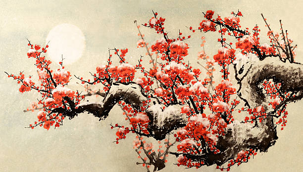 plum blossom Chinese traditional painting, plum blossom flowers and tree with moon. japanese landscape stock illustrations