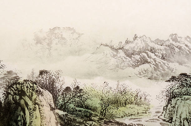 landscape Chinese traditional painting, landscape with mountain and river. japanese language stock illustrations