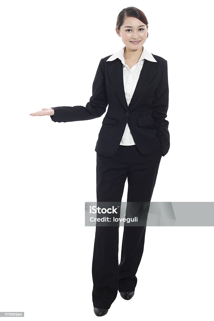 Showing businesswoman, isolated on white Women Stock Photo