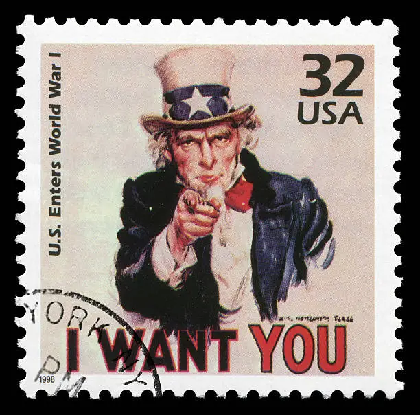 US postage stamp: US enters world war I, issued in 1998. On the painting, Uncle Sam is pointing with his hand and proclaiming: "I want you". James Montgomery Flagg painted it as one of military recruitment posters.
