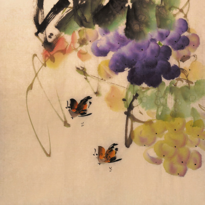 Chinese painting with birds under grape tree on traditional yellow paper.