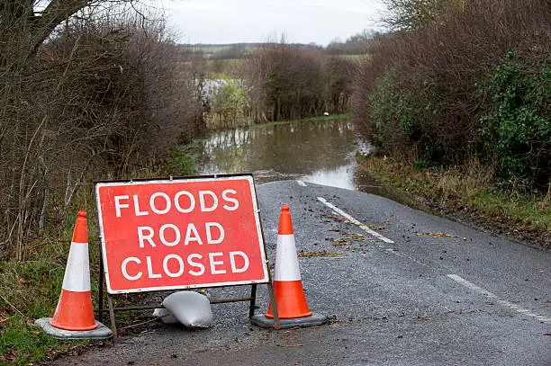 road closed sign due to flooding in the English countryside