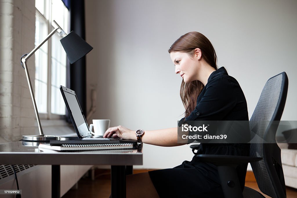 Young businesswoman in an office A young businesswoman in an office working on a laptop computer. Women Stock Photo