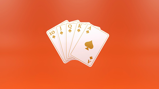 Gambling Concept. Poker Cards, Isolated On The Orange Background. The Royal Flush Consists of a King, Queen, Jack, Ace, and Ten of a Suit. Unbeatable Hand, Ace-High Straight Flush, TJQKA (all Spades - 3D Illustration, 3D Realistic Render