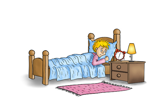 hand drawn illustration of sleeping man lying in his bed and woken up by alarm clock in the morning