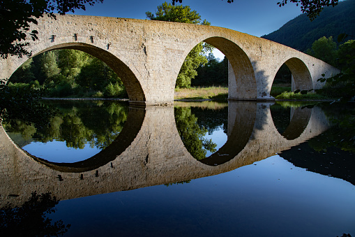 Ispagnac, Occitania, France on September 10, 2023: Bridge of Quezac over the Tarn river