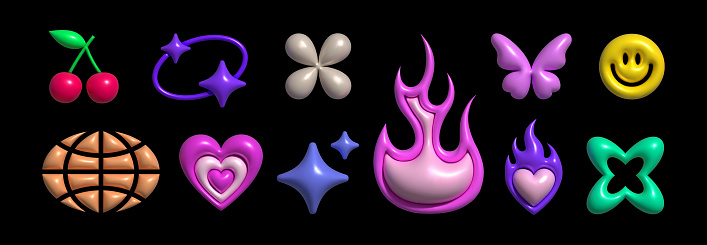 Inflatable Y2K icons collection. Shapes and icon in Y2K style. Inflated 3D element with the plasticine effect. Vector set shapes