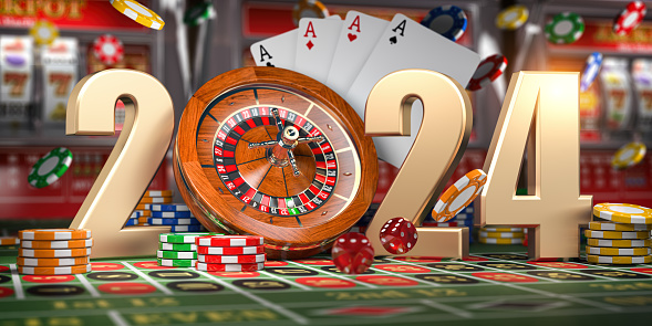 2024 Happy New Year in casino. Numbers 2024 from roulette, casiino chips with dice and card on green table. 3d illustration