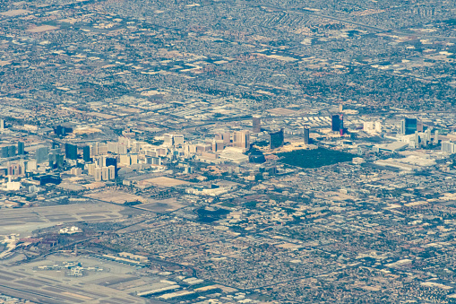 Aerial view of Los Vegas, Nevada, USA and Harry Reid International Airport LAS or McCarran Field and other nearby areas.
