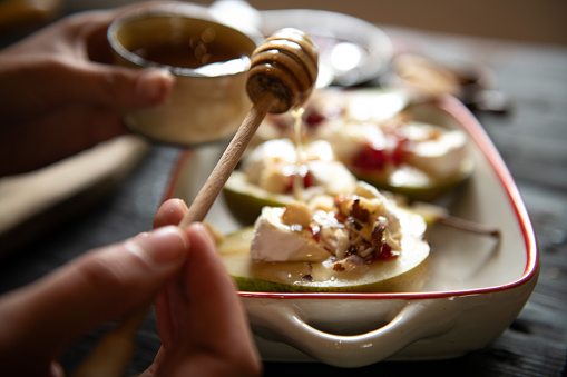 Baked Pear with Gorgonzola Cheese and honey