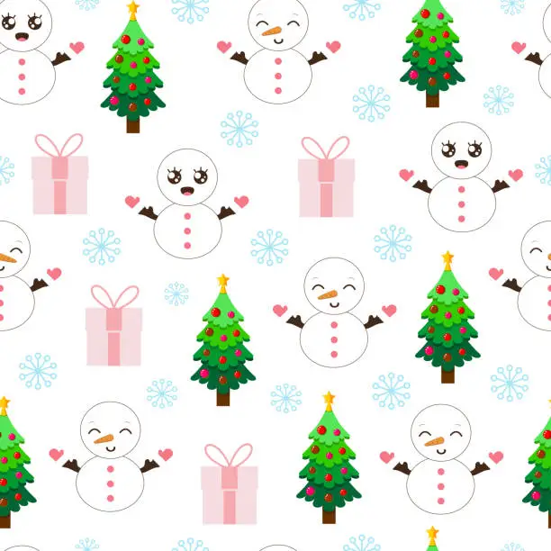 Vector illustration of Cartoon New Year seamless pattern with Christmas tree and snowmen