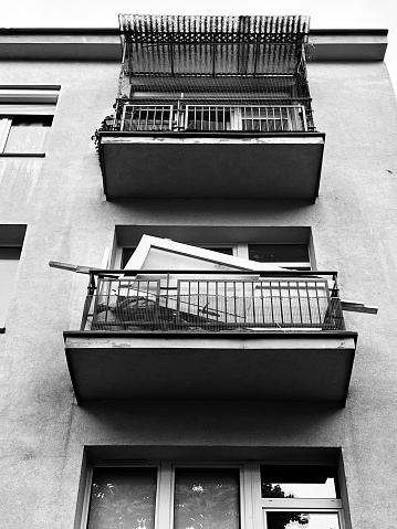 Old Door on balcony. Krakow. Black and White.