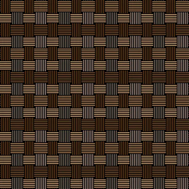 Vector illustration of Wicker abstract geometric design. Crossed vertical and horizontal brown lines on black background Seamless repeating pattern. Striped texture. Vector illustration for fabrics, wrapping, and packaging.