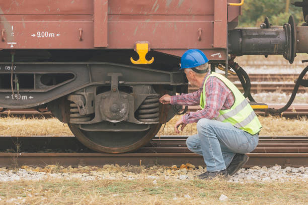 Technician inspecting railroad carts