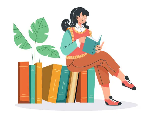 Vector illustration of Student people woman girl read book education club concept. Vector flat graphic design illustration