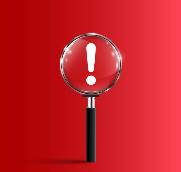 istock Magnifying glass and exclamation mark icon, hazard and dangerous notice symbol on red background, caution and alert concept - stock vector 1711765057