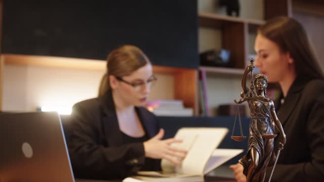 A female lawyer at her workplace communicates with a young client, discussing issues of legal significance. Consultation concept with legal and financial issues