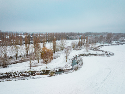 Drone view of snow scenes in the England